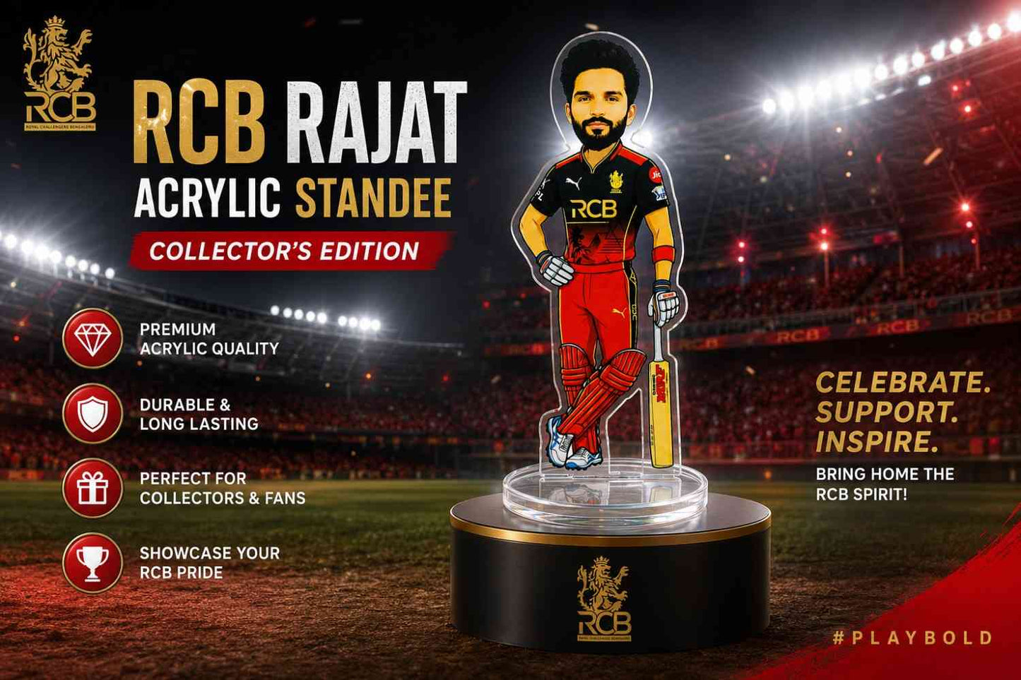 Rajat Patidar Acrylic Standee for RCB Fans | Royal Challengers Bengaluru Cricket Player Collectible | 15cm Premium Acrylic Figure | Desk Decor, Car Dashboard Accessory, Gift for Cricket Lovers