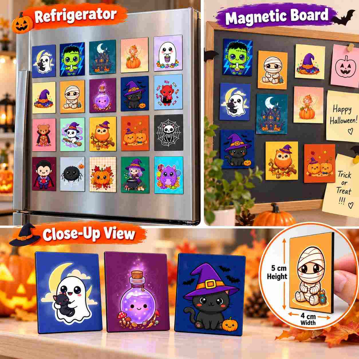 Halloween Fridge Magnets Set of 20 Pcs | Cute Cartoon Ghost Pumpkin Witch Magnets | 5 × 4 cm