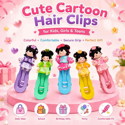 Cute Cartoon Girl Hair Clips for Kids, Girls & Teens | 5 PCS Colorful Snap Hair Clip Set | Kawaii Character Hair Accessories