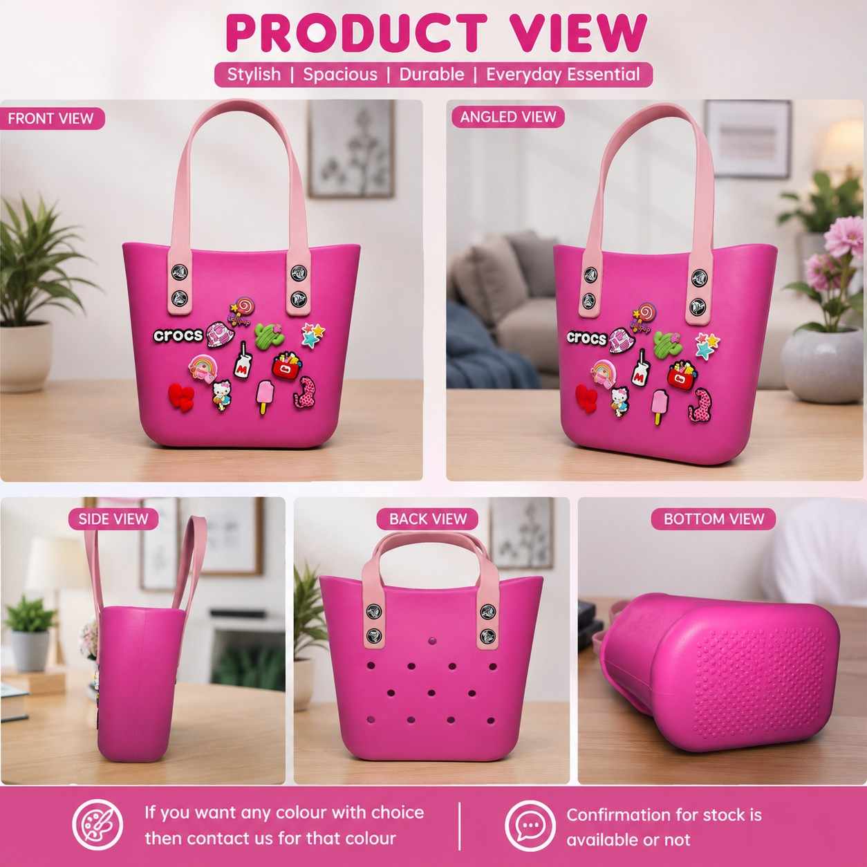 Silicone Croc Bag with Decorative Charms for Girls & Women | Waterproof Lightweight Everyday Tote Handbag 20x25x12 | Medium