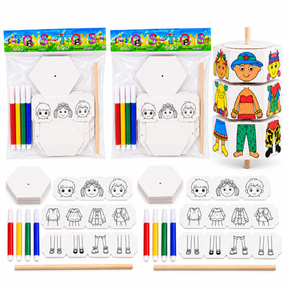 Kids Colouring Kit DIY Craft Toy Set of 2, Mix & Match Character Making Activity Set with 4 Colour Markers & Wooden Sticks, Creative Colouring & Assembly Toy for Kids