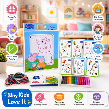 Peppa Theme Colouring Frames Kit with 6 Colouring Sheets, 12 Oil Pastels & Hanging Thread | DIY Kids Art & Craft Activity