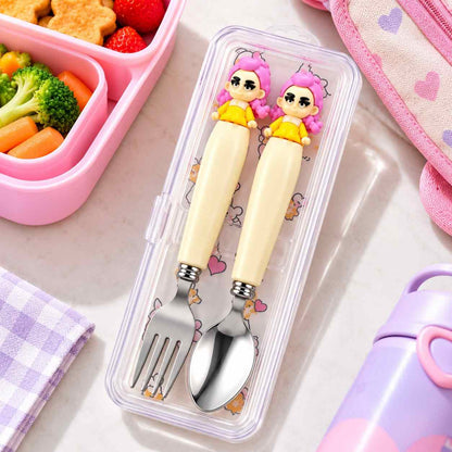 K POP Demon Hunters Spoon & Fork Set for Kids – 2 Sets, 4 Pieces with Cute Character Handles & Stainless Steel Cutlery