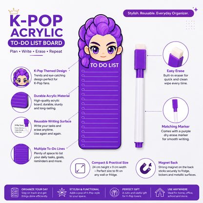 K POP Demon Hunters Acrylic to Do List Board with Marker & Eraser, Reusable Magnetic Daily Planner for Fridge, Study, Office, School & Home, 24 x 9 cm