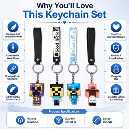 Minecraft Silicone Wrist Keychain Set of 4 | Cute Pixel Character Keychains | Soft Silicone Wrist Strap | Durable Key Ring for Keys, Backpack & Gift
