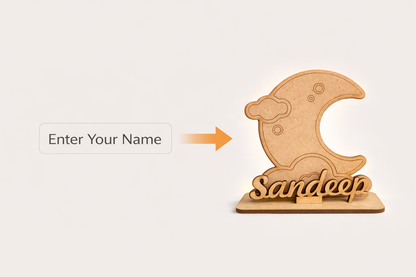 MDF Wooden Name Standee with Moon Design | Custom Name Desk Decor | Laser Cut Wooden Name Plate | Unique Gift for Kids, Birthday, Anniversary, Home & Office Decor