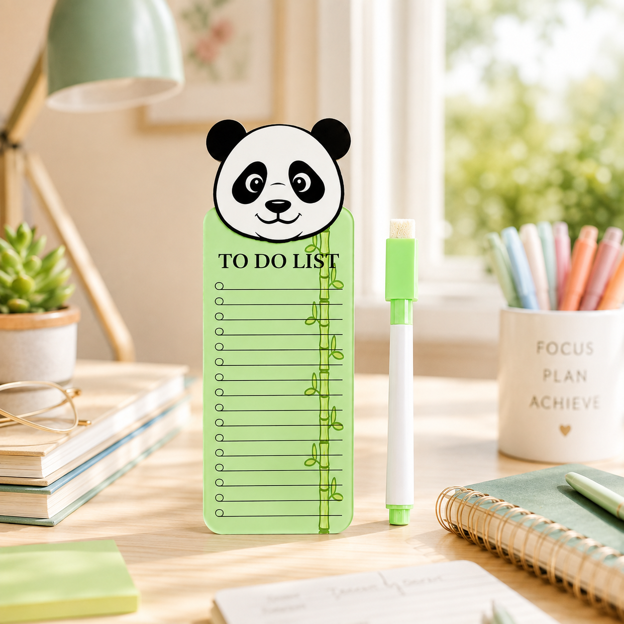 Panda Theme Acrylic to Do List Board with Marker, Reusable Writing Planner, Magnetic Daily Task Checklist Board, Cute Panda Design, 24 × 9 cm, Green
