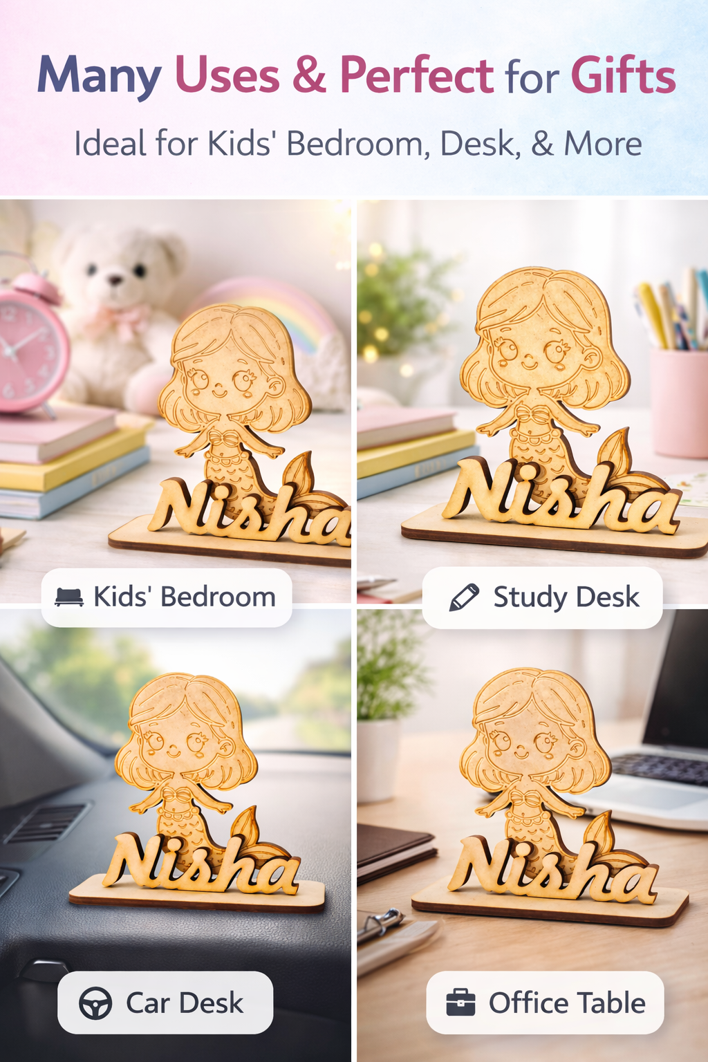 Personalized Mermaid Name Standee | Custom MDF Name Plate | Kids Room Decor | Wooden Cartoon Name Sign | Gift for Girls