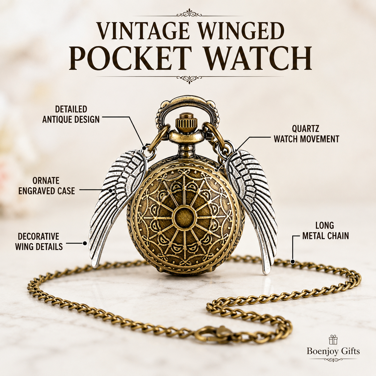 Harry Potter Vintage Winged Pocket Watch with Chain – Antique Style Quartz Watch for Men & Women