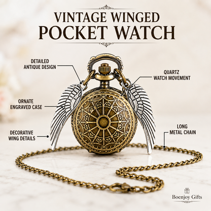 Harry Potter Vintage Winged Pocket Watch with Chain – Antique Style Quartz Watch for Men & Women