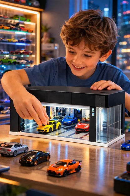 Diecast Car Display Garage 1:64 Scale with LED Lighting & Voice Control | Stackable Storage Case with 3 Changeable Diorama Scenes (Black)