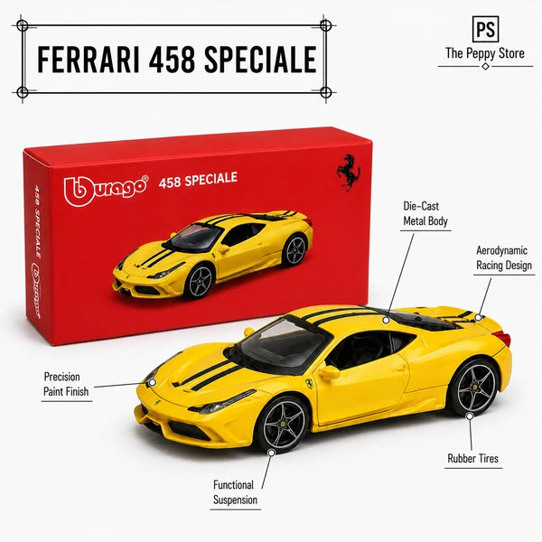 Official Bburago Ferrari 458 Speciale Diecast Model Car 1:64 Scale – Yellow | COD NOT AVAILABLE