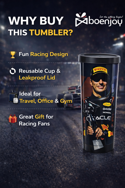 Racing Driver Printed Travel Mug with Lid – 500 ml Reusable Coffee Tumbler | Plastic Outer & Steel Inner | Leakproof Coffee Cup for Office, Car & Travel – Black