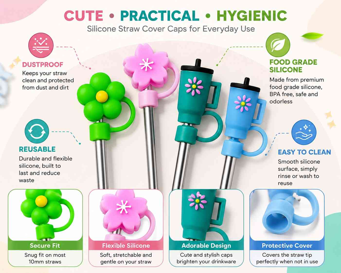 Silicone Straw Cover Caps Set of 4 for Tumblers | Cute Random Character Straw Toppers