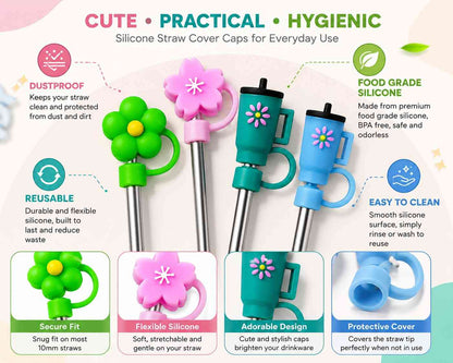 Silicone Straw Cover Caps Set of 4 for Tumblers | Cute Random Character Straw Toppers