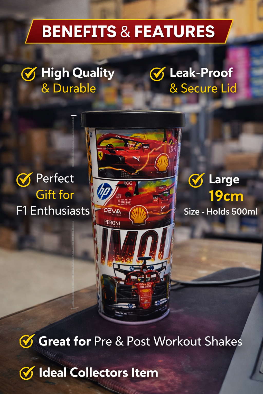 F1 Racing Shipper Tumbler 500ml with Lid – Formula Racing Car Design Plastic Shaker Bottle for Gym, Protein Shake & Water | Leakproof Travel Tumbler | Gift for Racing Fans