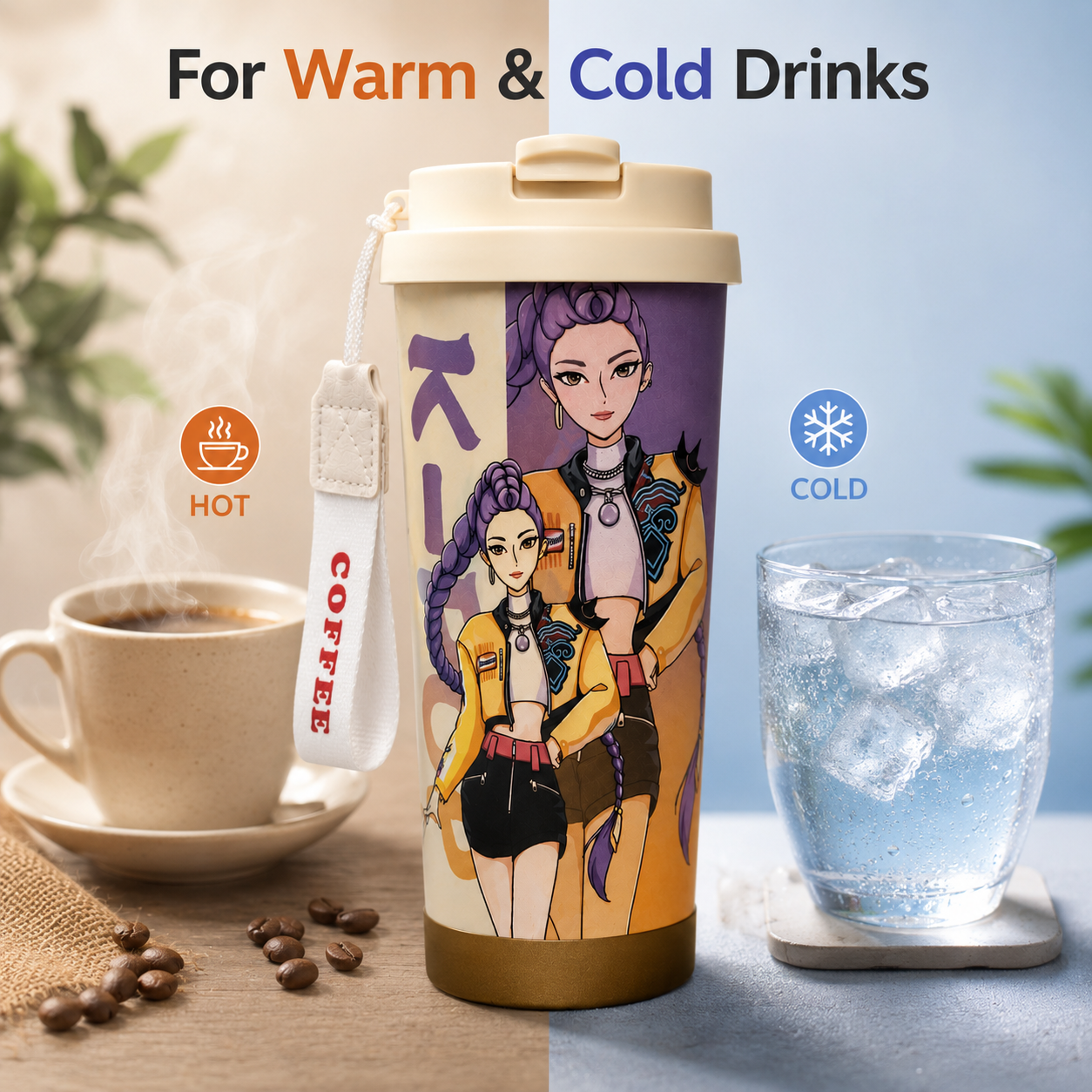 K-Pop Demon Hunters Printed Compact Tumbler with Flip-Top Lid & Carry Strap – 19 cm Portable Travel Cup for Hot & Cold Drinks