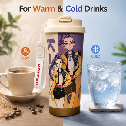 K-Pop Demon Hunters Printed Compact Tumbler with Flip-Top Lid & Carry Strap – 19 cm Portable Travel Cup for Hot & Cold Drinks