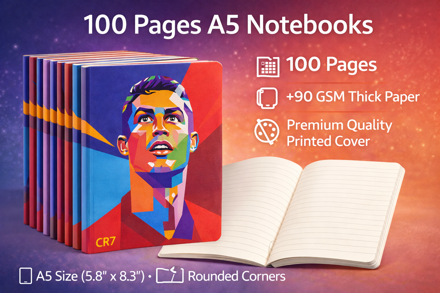 CR7 Notebook Set of 10 A5 Size | 100 Pages Premium Quality Notebooks | Smooth Writing Journal | School Office Study Notebook Set