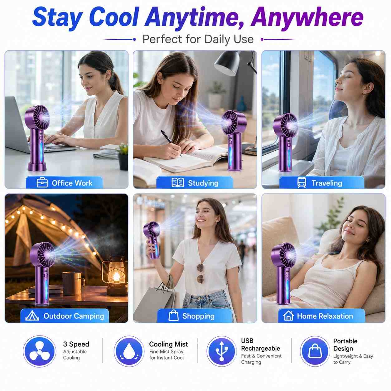 Portable Rechargeable Spray Fan with Mist – USB Mini Handheld Cooling Fan, Metallic Purple (RANDOM 1 PCS)