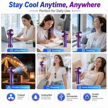 Portable Rechargeable Spray Fan with Mist – USB Mini Handheld Cooling Fan, Metallic Purple (RANDOM 1 PCS)