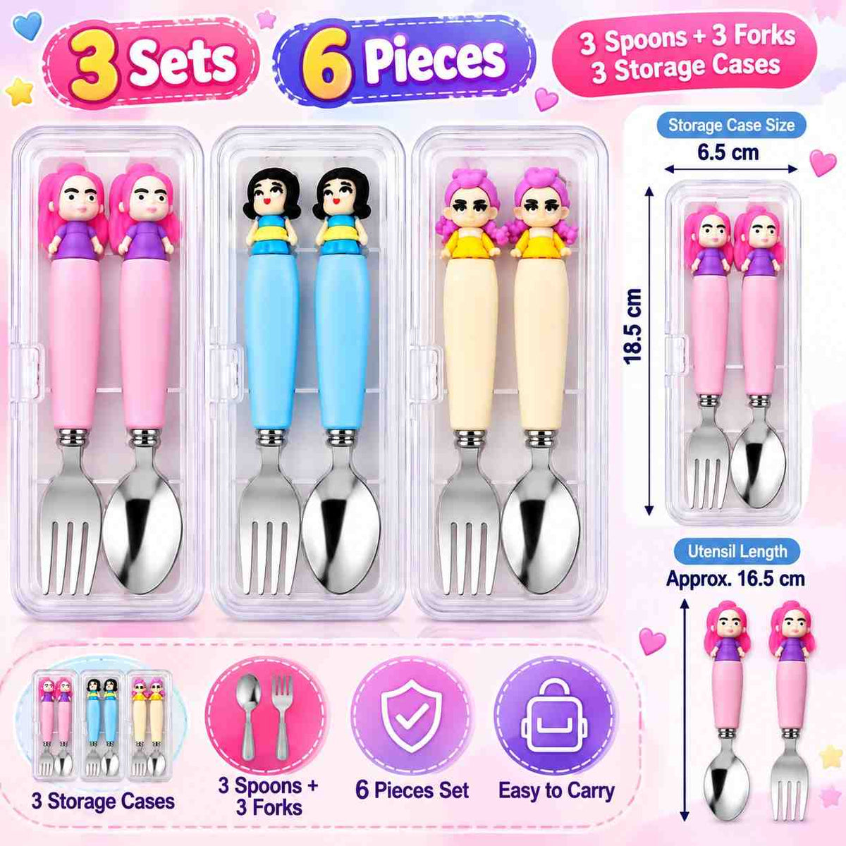 K POP Demon Hunter Hunterix Rumi Meera Zoey Spoon & Fork Set for Kids, Girls & Women – 3 Sets, 6 Pieces with 3 Transparent Storage Cases