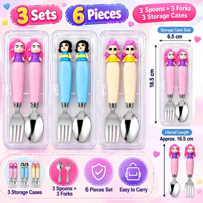 K POP Demon Hunter Hunterix Rumi Meera Zoey Spoon & Fork Set for Kids, Girls & Women – 3 Sets, 6 Pieces with 3 Transparent Storage Cases