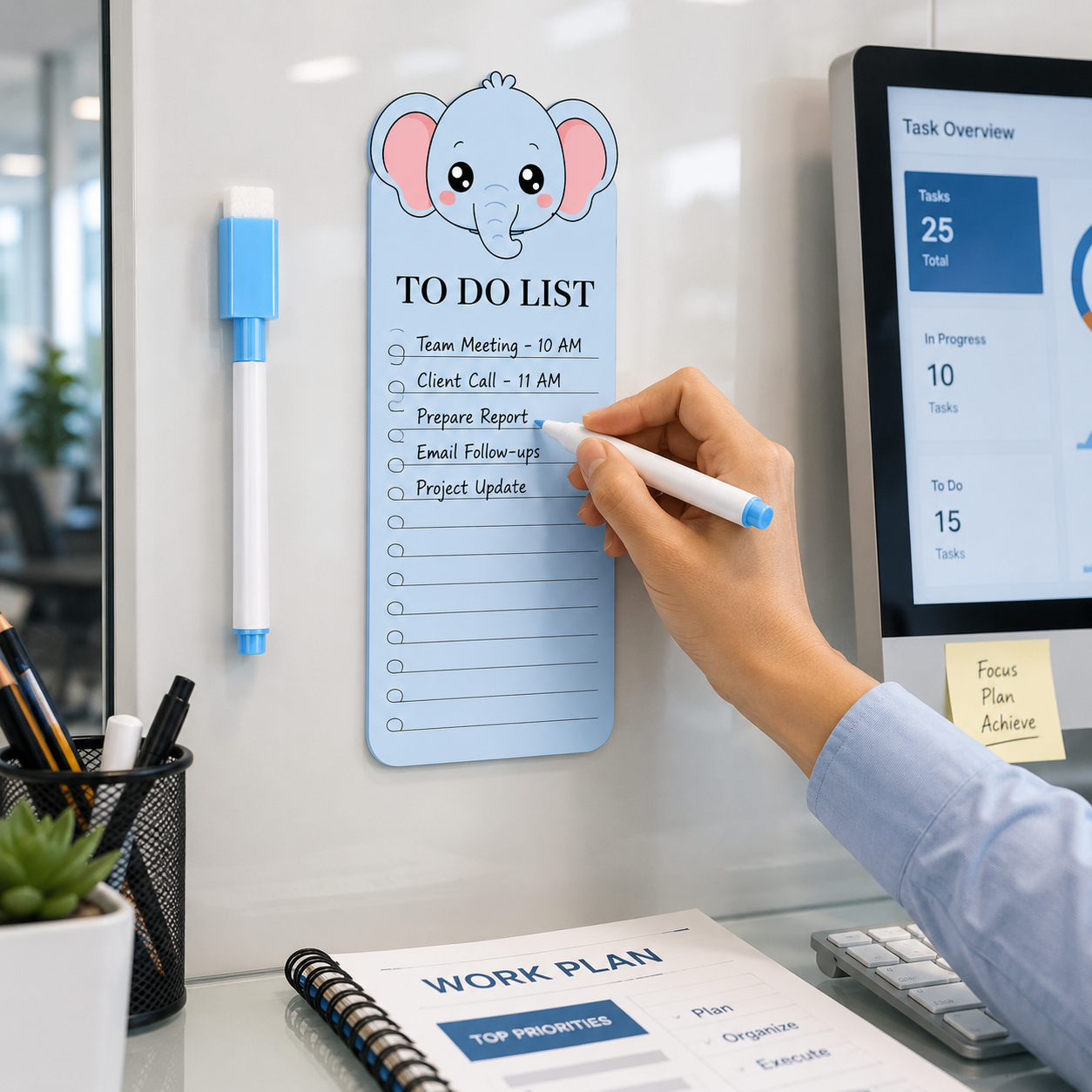 Elephant Acrylic To Do List Board with Marker | Reusable Magnetic To-Do Planner for Home, Office & Study | Cute Elephant Daily Task List Board