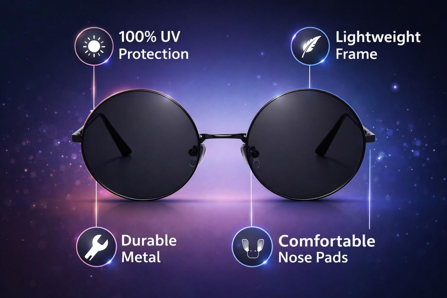 Round Black Sunglasses for Men & Women | UV Protection Stylish Metal Frame Sunglasses | Lightweight Retro Fashion Goggles