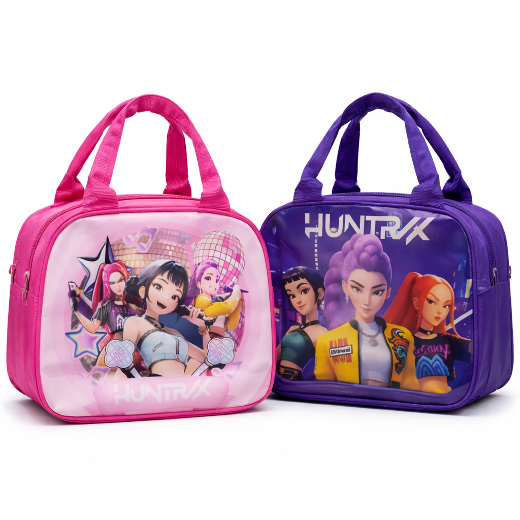 K POP  Demon Hunters Lunch Bag for Kids Girls – Stylish Insulated Handbag, Durable Fabric, Spacious Zipper Compartment, Lightweight Lunch Box (Pink & Purple) – Random 1 Pc