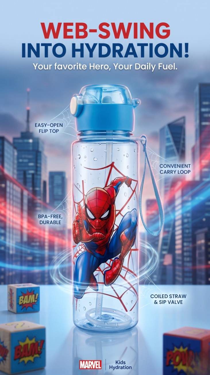 Water Bottle 1 Pc | Superhero, Princess, Cartoon Mouse Design | Leakproof | BPA Free 500ml