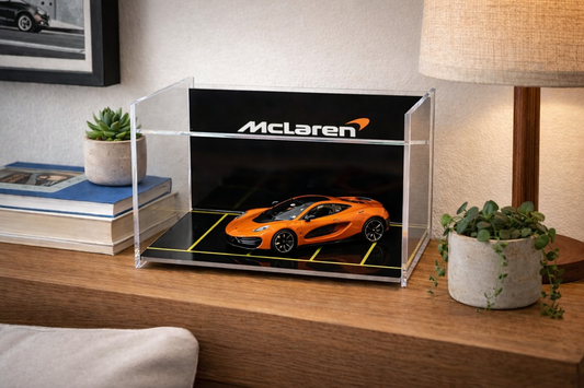 Acrylic Display Garage Case for Hot Wheels- Dustproof with Garage Background, Mini Car Display Box- 21x15x13 cm | to be Assembled (Only Display Case, Without Cars, No Light) mclaren f1