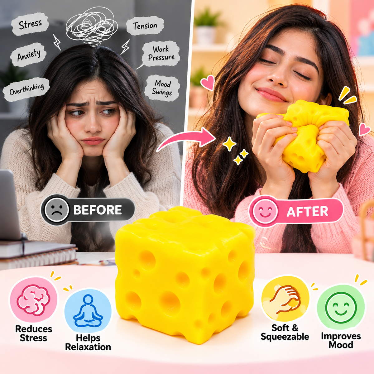 Yellow Cheese Squishy Toy – Soft Slow Rising Sensory Squeeze Toy