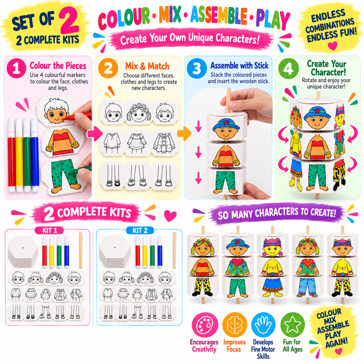 Kids Colouring Kit DIY Craft Toy Set of 2, Mix & Match Character Making Activity Set with 4 Colour Markers & Wooden Sticks, Creative Colouring & Assembly Toy for Kids