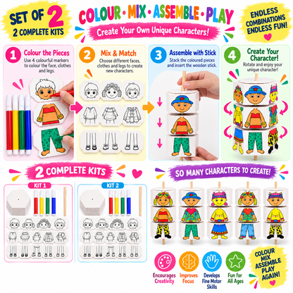 Kids Colouring Kit DIY Craft Toy Set of 2, Mix & Match Character Making Activity Set with 4 Colour Markers & Wooden Sticks, Creative Colouring & Assembly Toy for Kids