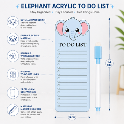 Elephant Acrylic To Do List Board with Marker | Reusable Magnetic To-Do Planner for Home, Office & Study | Cute Elephant Daily Task List Board