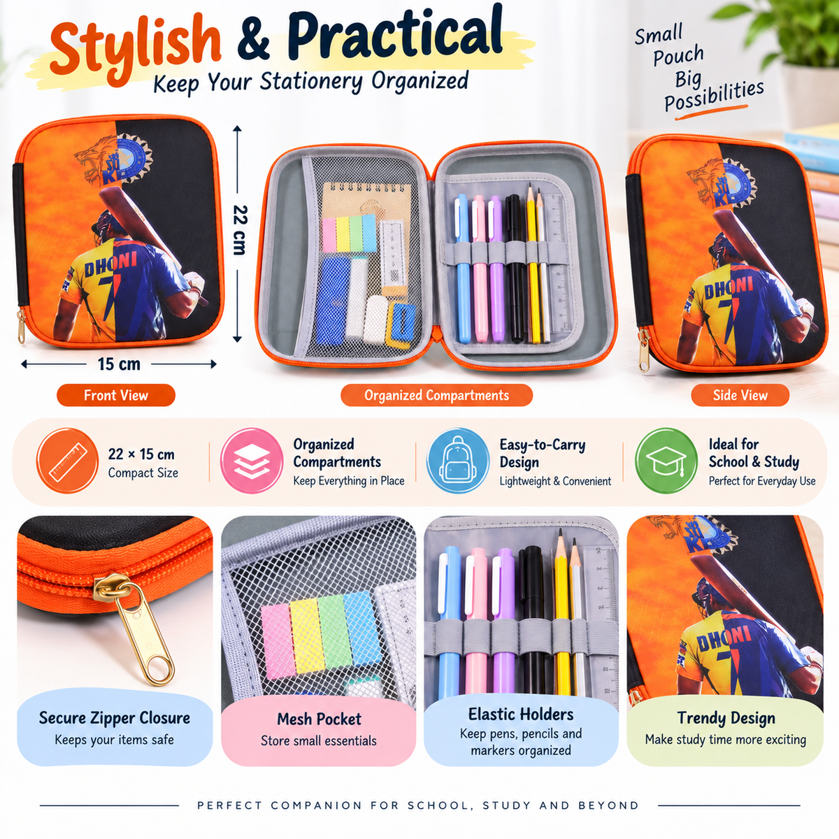 MS Dhoni Cricket Theme Pencil Pouch & Pencil Case | Dhoni 7 Cricket Stationery Organizer for Kids & Students | Sports School Pouch