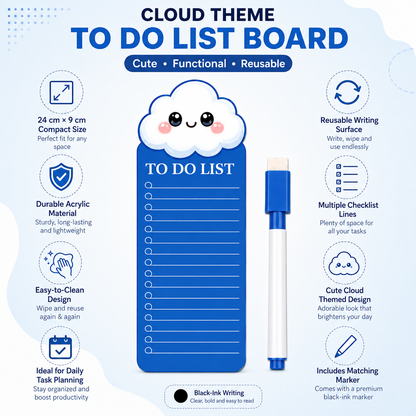 Cloud Theme Acrylic to Do List Board with Black Ink Marker, Reusable Daily Planner & Checklist, Cute Cloud Design, 24 x 9 cm, Blue