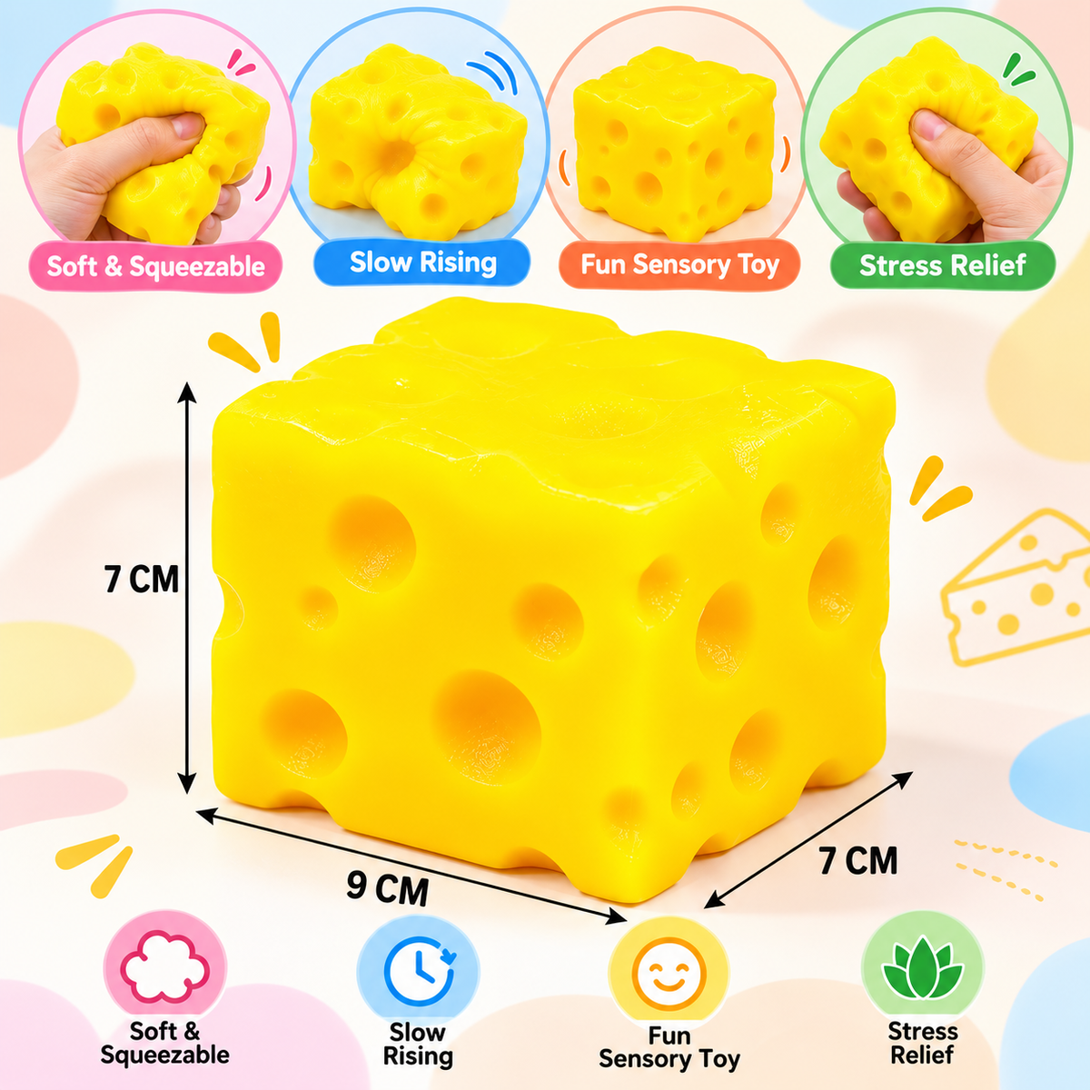 Yellow Cheese Squishy Toy – Soft Slow Rising Sensory Squeeze Toy