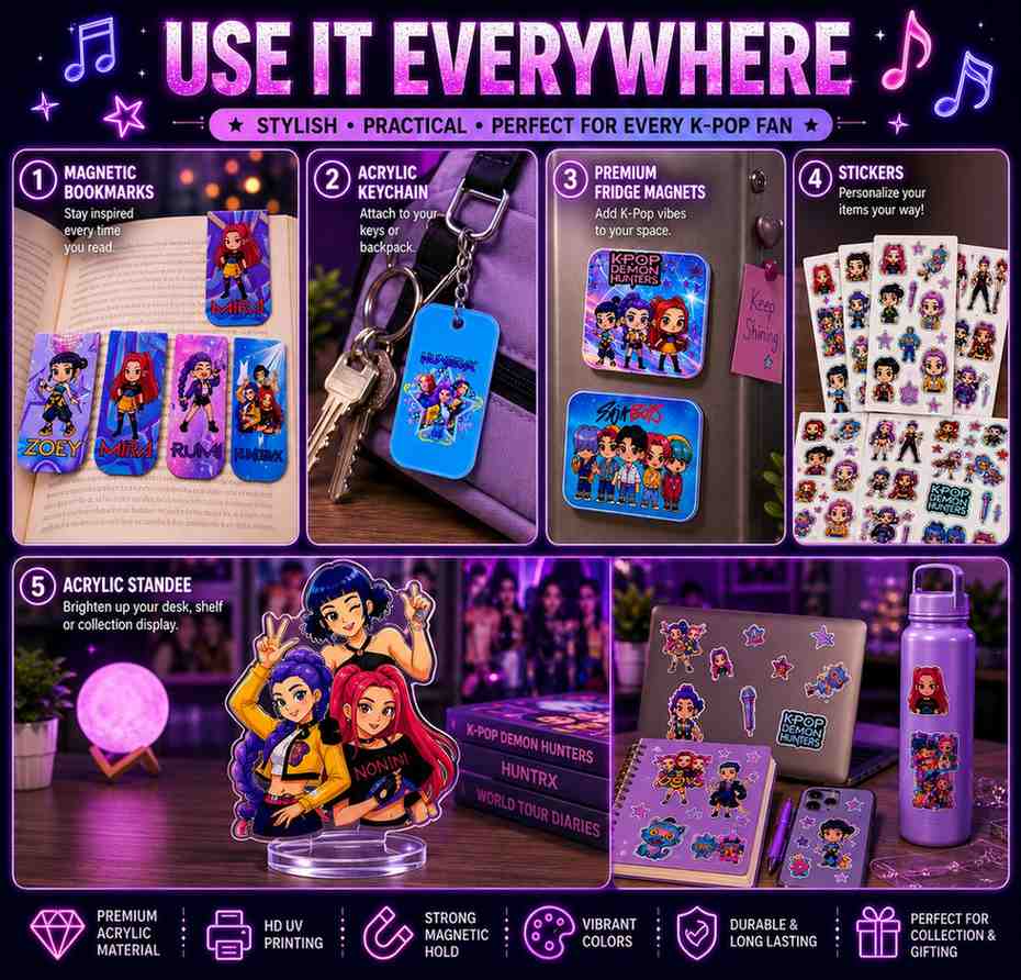 K-Pop Demon Hunters Inspired Ultimate Fan Combo Pack | Acrylic Standee, Magnetic Bookmarks, Keychain, Fridge Magnets & Sticker Sheets