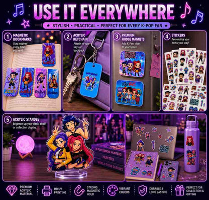 K-Pop Demon Hunters Inspired Ultimate Fan Combo Pack | Acrylic Standee, Magnetic Bookmarks, Keychain, Fridge Magnets & Sticker Sheets