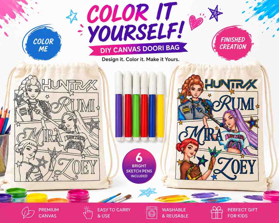 K-Pop Demon Hunters Coloring Dori Bag – DIY Canvas Drawstring Bag with 6 Color Sketch Pens