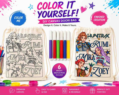 K-Pop Demon Hunters Coloring Dori Bag – DIY Canvas Drawstring Bag with 6 Color Sketch Pens