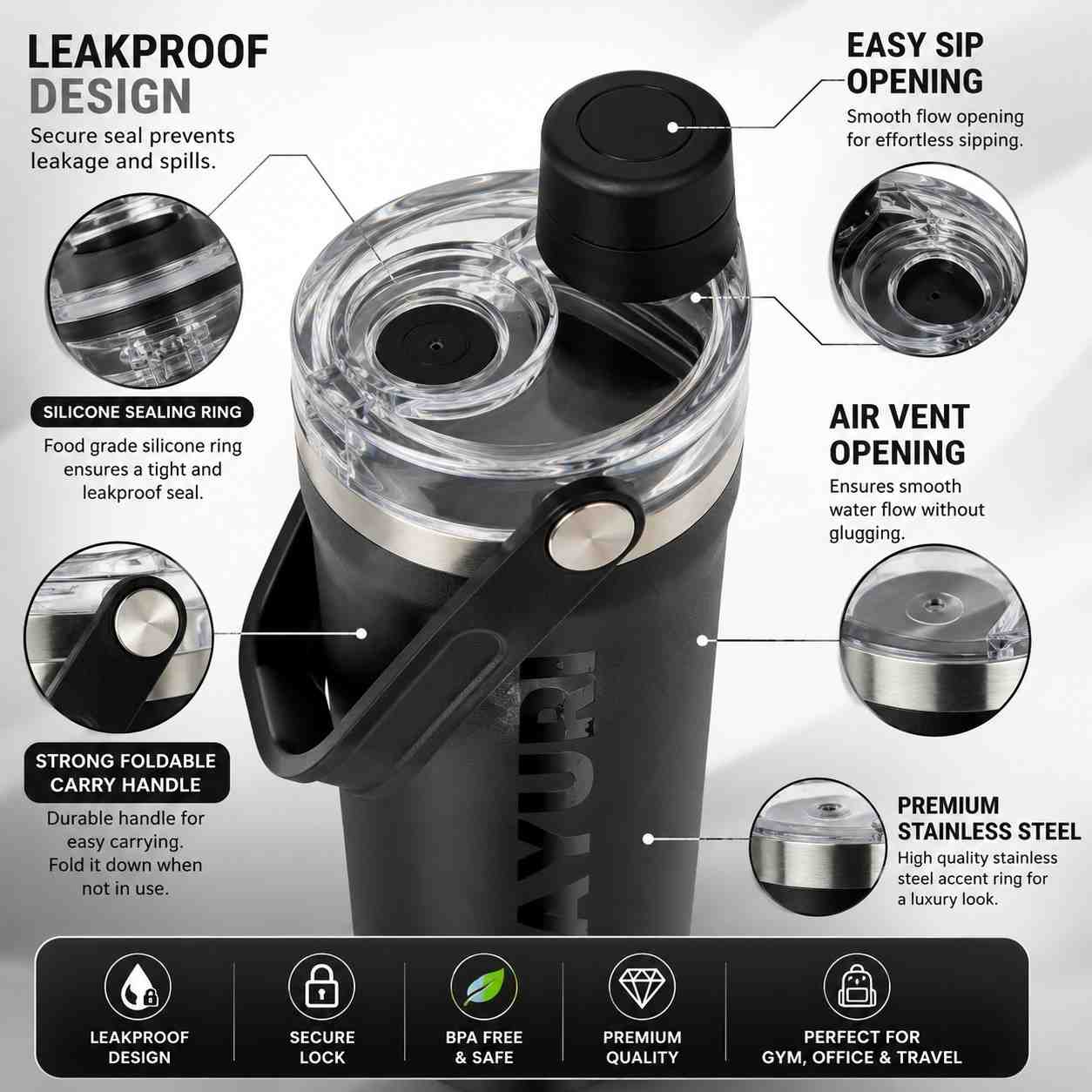 SITARAYURI 800ML Stainless Steel Insulated Water Bottle | Double Wall Vacuum Flask | Leakproof BPA Free Sports Bottle with Carry Handle | Black (COD NOT AVAILABLE)