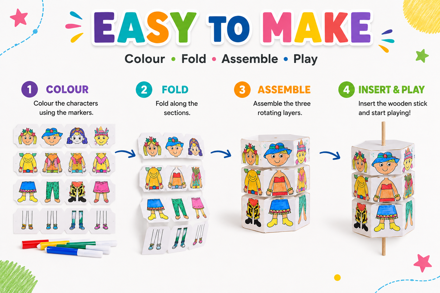 Kids DIY Colouring Kit with 4 Markers & Wooden Stick | Mix & Match Character Cube