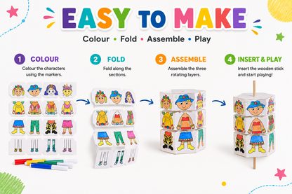 Kids DIY Colouring Kit with 4 Markers & Wooden Stick | Mix & Match Character Cube