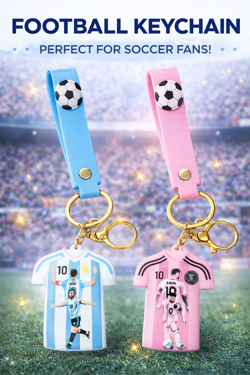 Messi Jersey Keychain for Boys & Girls | Football Silicone Strap Keyring with Metal Hook | Soccer Fan Key Chain for Car, Bike, Bag | Gift for Football Lovers (Blue & Pink, Pack of 2)