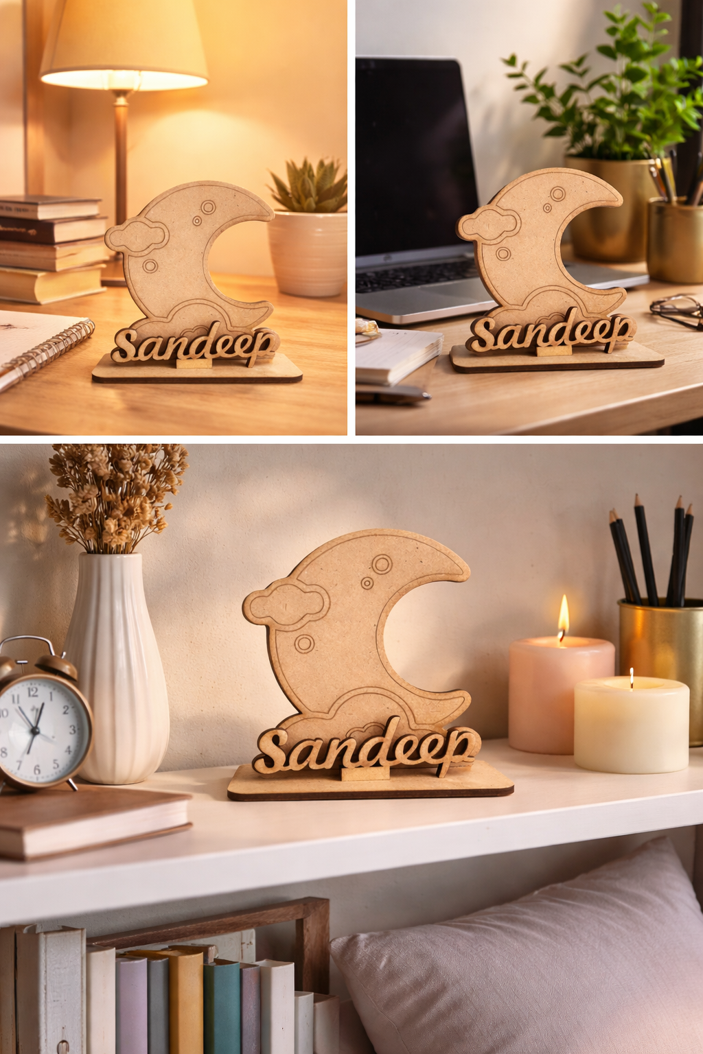 MDF Wooden Name Standee with Moon Design | Custom Name Desk Decor | Laser Cut Wooden Name Plate | Unique Gift for Kids, Birthday, Anniversary, Home & Office Decor