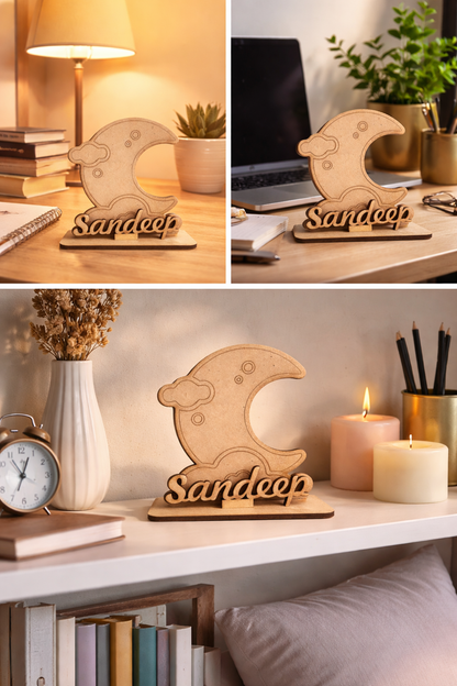 MDF Wooden Name Standee with Moon Design | Custom Name Desk Decor | Laser Cut Wooden Name Plate | Unique Gift for Kids, Birthday, Anniversary, Home & Office Decor
