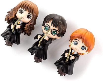 Harry Potter Action Figure Set of 3 (8 cm) Mini Wizard Collectible Figures with Wand | Cute Style Toys | Desk Decor, Cake Toppers, Kids Toy & for Fans, Broom